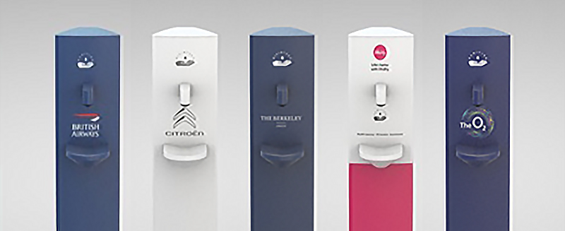 Free standing sanitizer dispenser branded with company logos